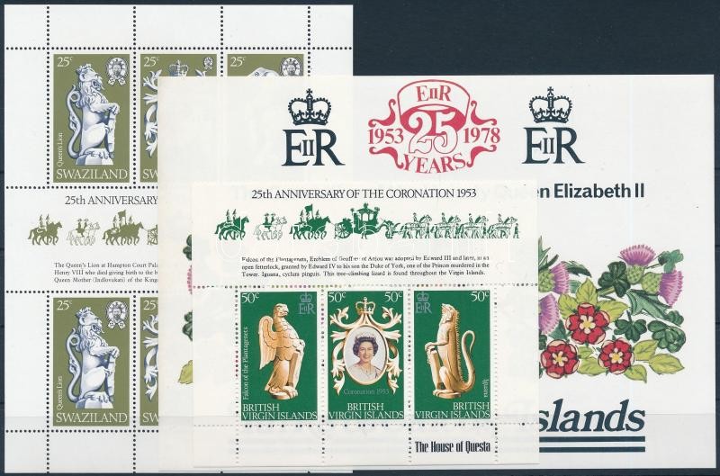 Elizabeth II coronation 25th anniversary 1 minisheet + 1 block + stripe of 3, II. Erzsébet koronázásának 25. évfordulója 1 kisív + 1 blokk + hármascsík