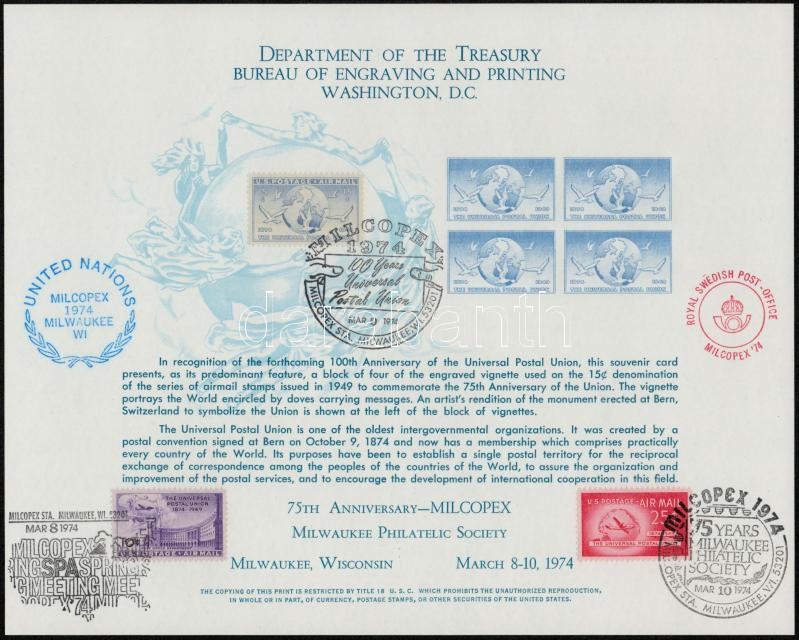 100 éves az UPU emléklap &quot;MILCOPEX '74&quot; emlékbélyegzéssel 1949  75 éves az UPU sorral, Memorial print with memorial stamp and UPU set from 1949 on it