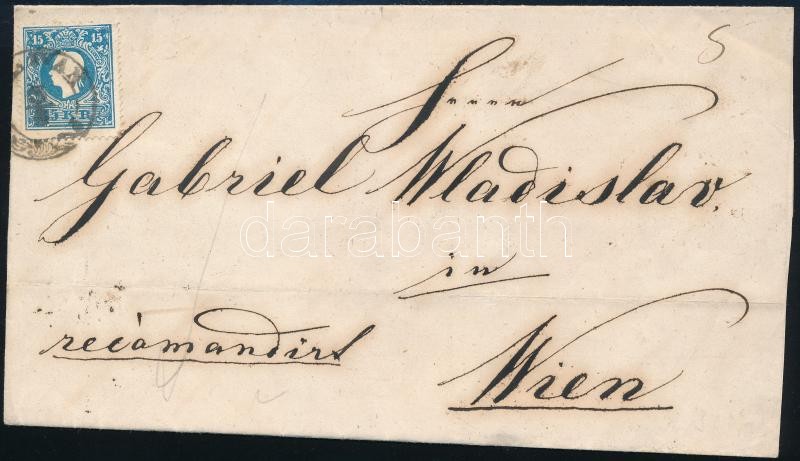 ~1860 15kr with plate flaw + 10kr (cut, on the backside) on registered cover 