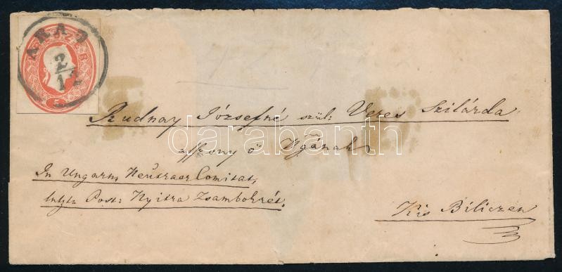 ~1861 5kr díjjegy kivágás hiányos levélen 