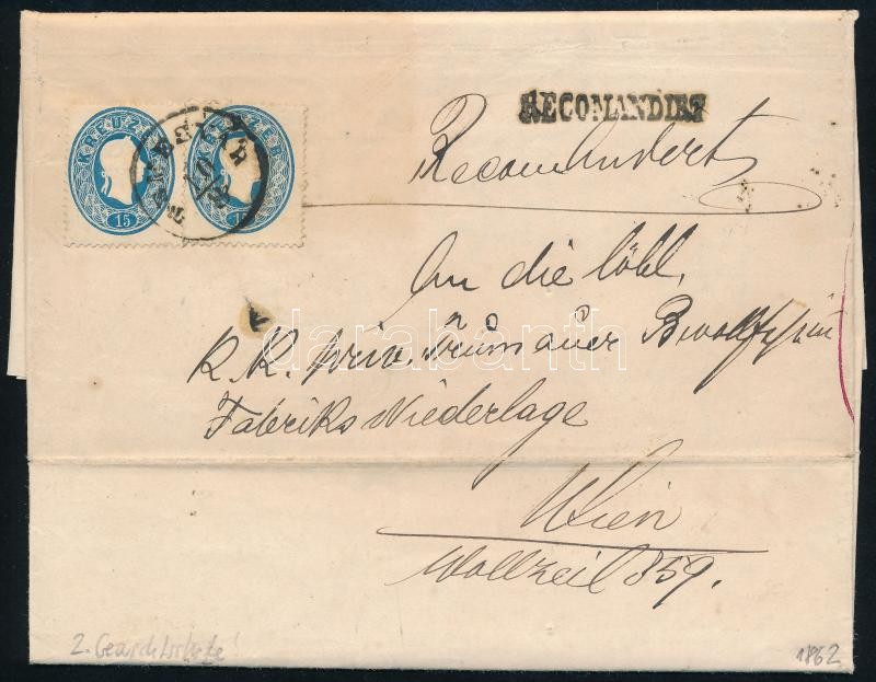 2 x 15kr 2. súlyfokozatú ajánlott levélen, a hátoldali bélyeg hiányzik 