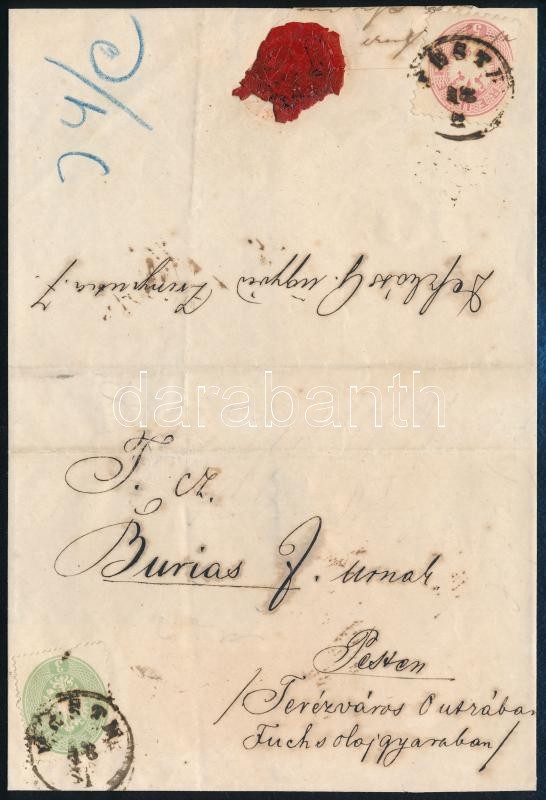 ~1864 1863 3kr + 1864 5kr vegyes bérmentesítésű helyi levélen 