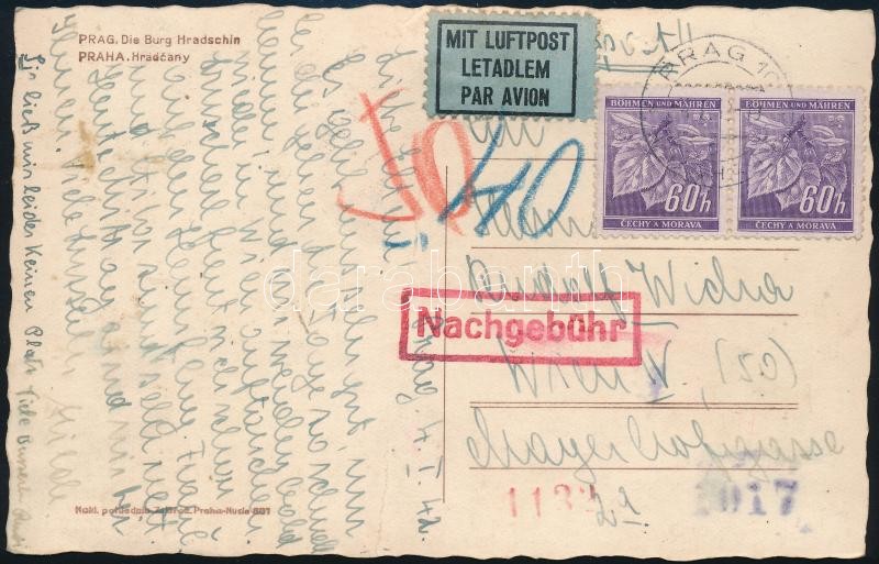 Böhmen und Mähren, Airmail postcard to Vienna with postage due, Böhmen und Mähren, Portós légi képeslap Bécsbe