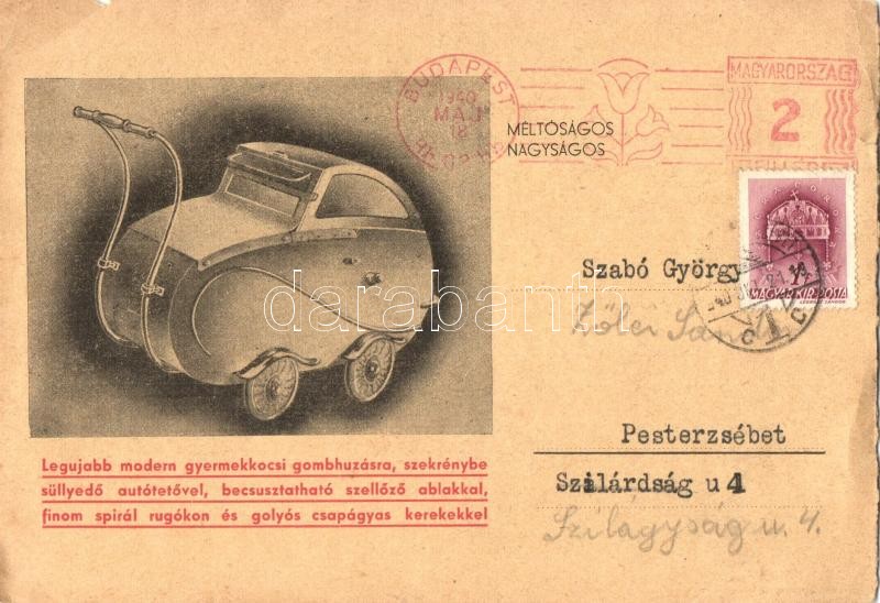 1940 Prohászka János gyermekkocsi és csőbútor-gyár reklámlapja babakocsival. Budapest, Gróf Zichy Jenő u. 46., Hungarian infant carriages shop advertisement card with baby carriage