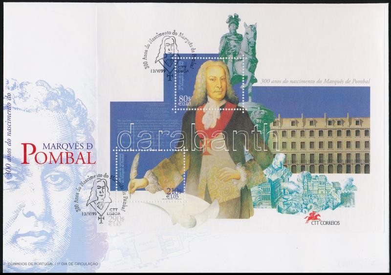 300th anniversary of Marquis von Pombal's birth block on FDC, 300 éve született Marquis von Pombal blokk FDC-n