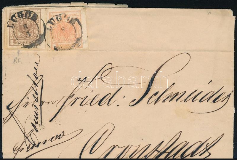 ~ 1855 3kr + plate flaw 6kr on cover ,,LUGOS