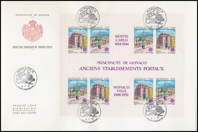 Europe CEPT: postal buildings block on FDC, Europa CEPT: postai épületek blokk FDC-n