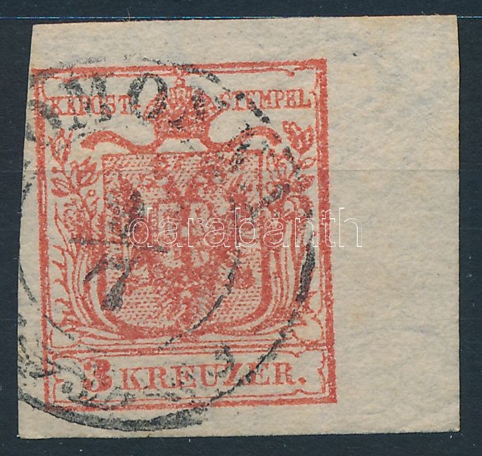 3kr HP III. carmine pink with margin and watermark, paper crease ,,(H)OMONNA