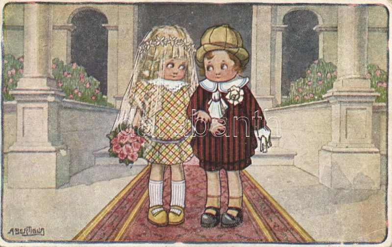 Olasz művészlap, gyerekek, esküvő s: Bertiglia, Italian art postcard, children, wedding s: Bertiglia