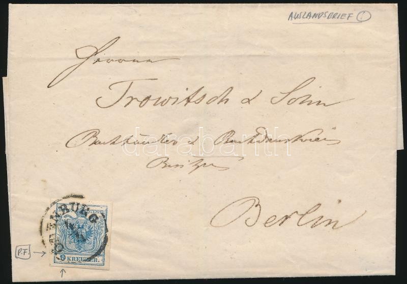 ~1855 Lemezhibás 9kr külföldre küldött levélen 