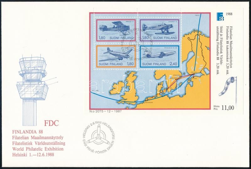 Nemzetközi bélyegkiállítás FINLANDIA '88, Helsinki blokk FDC-n, International Stamp Exhibition FINLANDIA '88, Helsinki block FDC