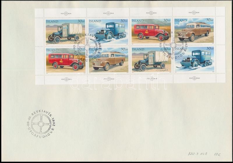 Stamp Day, Postal Cars mini sheet FDC, Bélyegnap, Postaautók kisív FDC-n