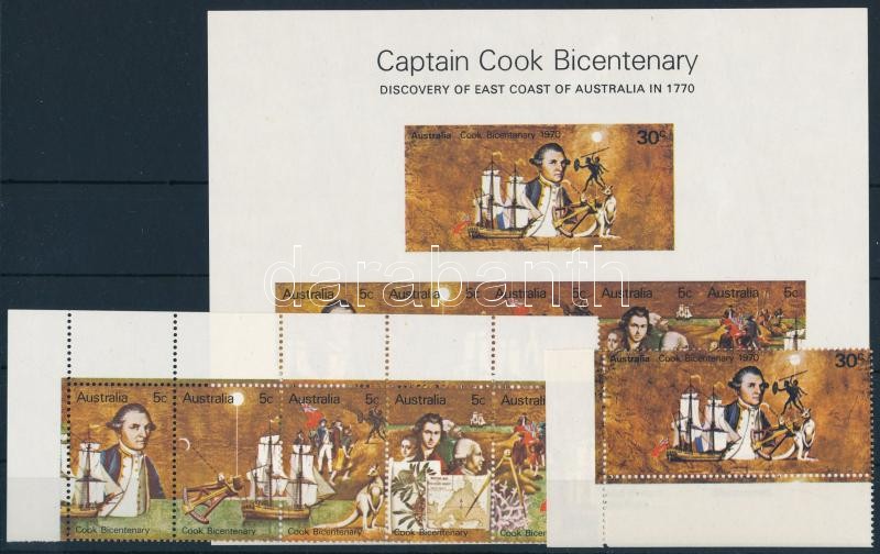 Captain Cook set corner stripe of 5 + imperforated block, Cook kapitány sor ívsarki ötöscsíkban + vágott blokk