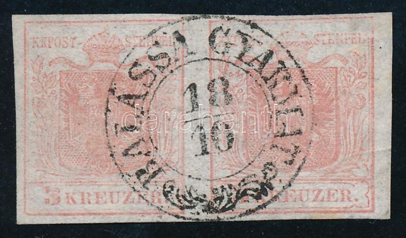 1850 3kr HP I a light rose pair, highlighted middle part, paper crease, 1850 3kr HP I a halványrózsaszín pár, selyempapír, látványosan kiemelt középrész, kis papírránc. Certificate: Steiner