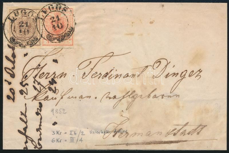 6kr III. + 3kr with plate flaw, on cover 