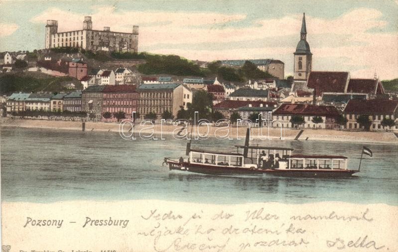 1902 Pressburg, Bratislava; castle, steamship, 1902 Pozsony, Pressburg, Bratislava; vár, gőzhajó. Dr. Trenkler Co.