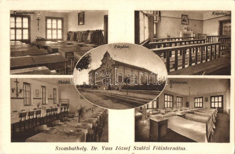 Szombathely, Dr. Vass József Szalézi Fiúinternátus, tanulóterem, főépület, kápolna, ebédlő, hálóterem