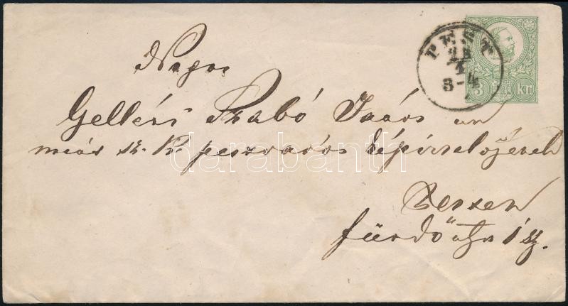 ~1872 3kr díjjegyes boríték, Pest helyi küldeményként 