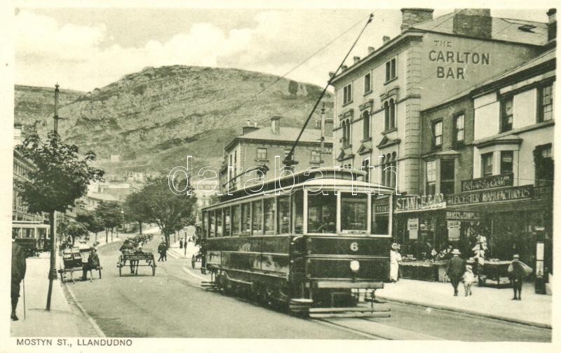 Llandudno, Mostyn street, The Carlton Bar, Briggs & Comp. Leicester Manufacturers, Stangg F. & Co., trams