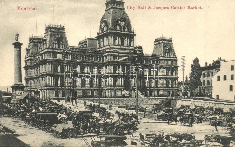 Montreal, City hall, Jacques Cartier Market with vendors and horse carts