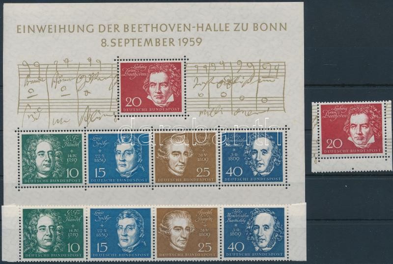 The Beethoven Hall in Bonn set from block + block, A bonni Beethoven-csarnok blokkból kitépett sor + blokk