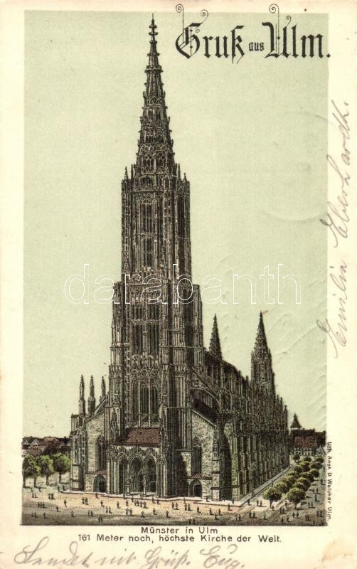 Ulm, 161 Meter Hoch, höchste Kirche der Welt / church, D. Walcher, litho