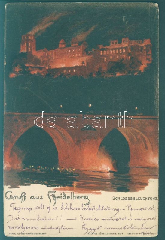 Heidelberg, Schlossbeleuchtung / castle at night, Edm. von König's Künstlerkarte No. 4. litho s: Kley