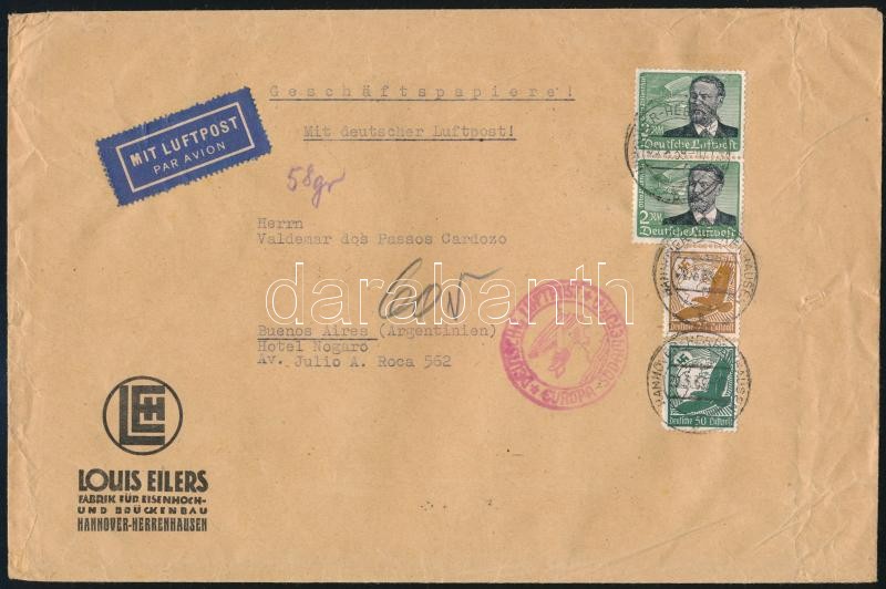 Airmail cover to Argentina with 4,75 RM franking, Légi levél Argentínába 4,75 RM bérmentesítéssel