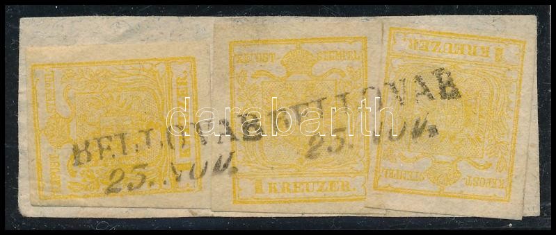 3 x 1kr HP III Plate 4., cadmium yellow, 1 stamp with plate flaw 