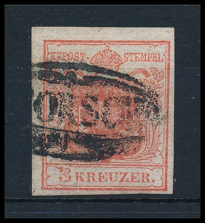 3kr carmine red, highlighted middle part, plate flaw 