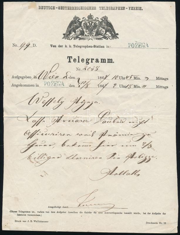 Deutsch-Oesterreichischer Telegraphen Verein Telegramm Wien - blue 
