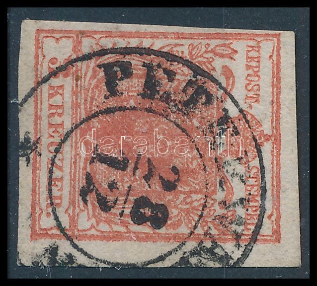 1850 3kr HP I dark red, overinked, 1850 3kr HP I a sötét téglavörös, túlfestékezett nyomat ,,PETERWA(RDEIN)" Certificate: Steiner