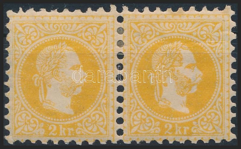 2kr pair with large watermark, gum crease, 2kr pár nagy vízjeldarabbal, kis gumitörés