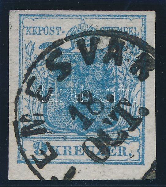 1850 9kr HP II  blue, highlighted middle part, 1850 9kr HP II kék, kiemelt középrész "TEMESVÁR" Cerificate Strakosch