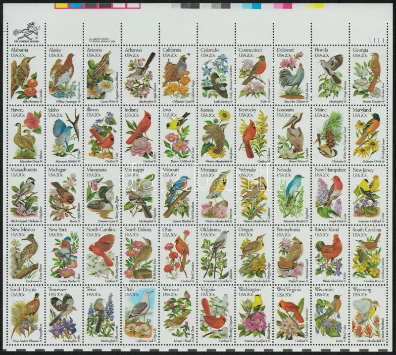 Madarak és növények, az 50 állam kisív, Birds and plants, 50 states mini sheet