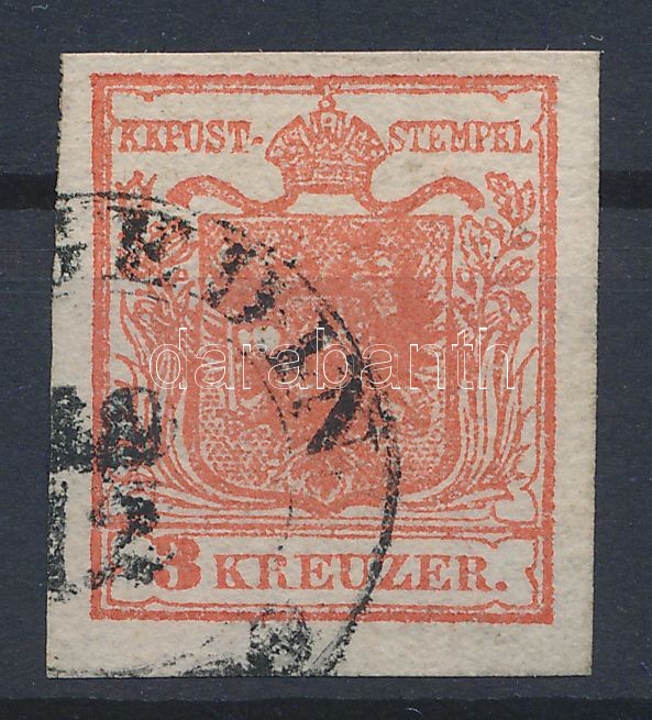 1850 3kr HP Ia dark cinnabar, plate flaw, 1850 3kr HP Ia sötétcinnóner, geriffelt, lemezhibás bélyeg (folt a pajzson) "(SZE)GEDIN". Certificate: Steiner