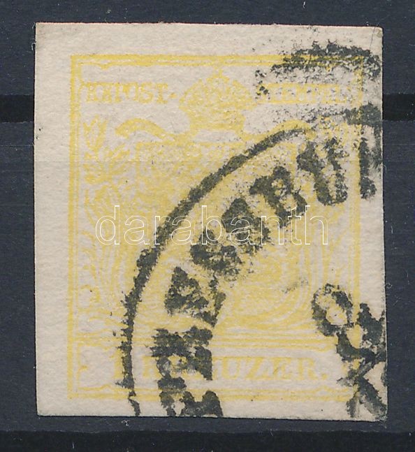 1850 1kr MP III light yellow, 1850 1kr MP III citromsárga - különösen világos árnyalat,  "PRESSBUR(G)". Certificate: Strakosch