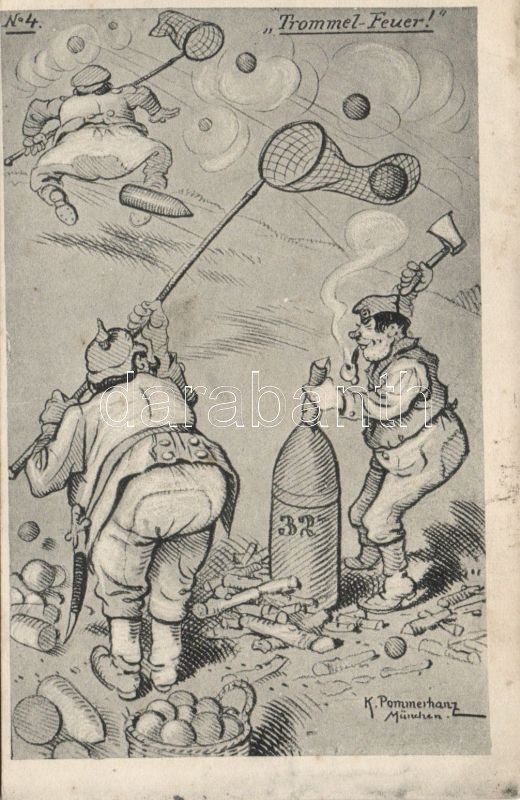 Ágyútűz, katonai humor s: K. Pommerhanz (b), Trommel-Feuer! / Drum fire, Military humor s: K. Pommerhanz