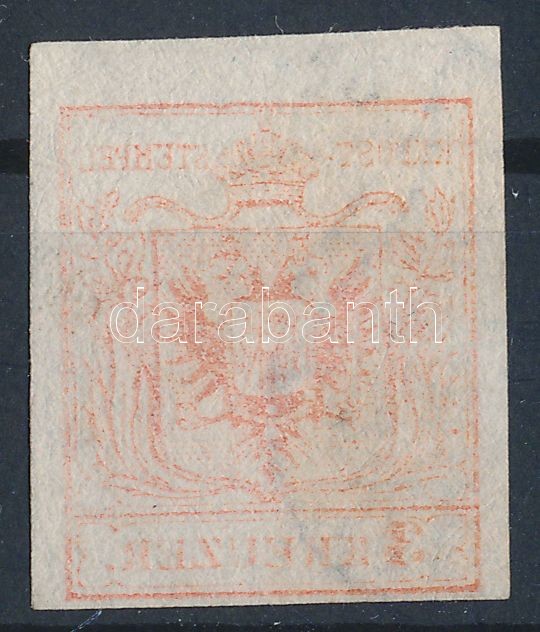 1850 3kr HP III light red, machine offset, 1850 3kr HP III világos piros bélyeg nagy vízjelrészlettel, gépszínátnyomattal "(PRE)SSBURG". Certificate: Steiner