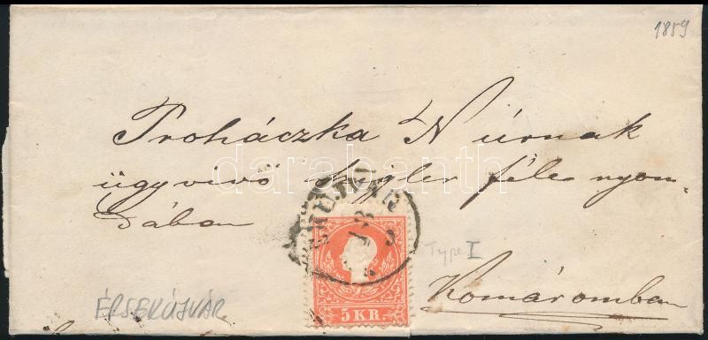 5kr I. on cover, 1859 5kr I típus levélen "(ÉRS)EKÚJVÁR" - Komárom