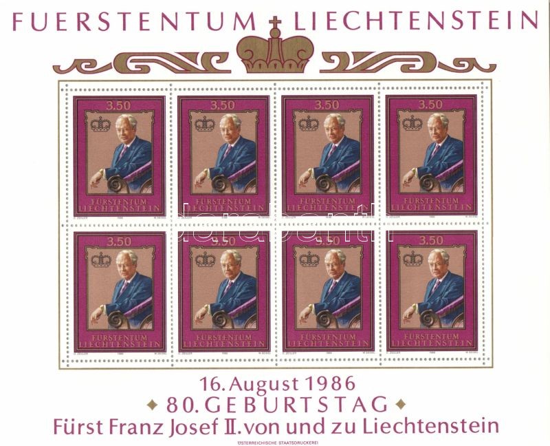 80th birthday of Franz Joseph II minisheet, 80 éve született II. Ferenc József kisív, 80. Geburtstag von Fürst Franz Josef II. Kleinbogen
