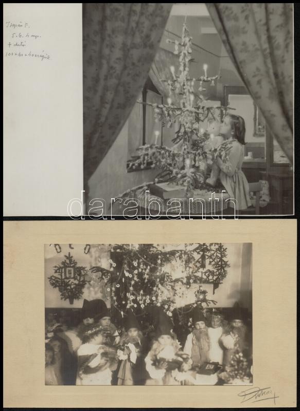 cca 1935-1950 Karácsony este, 4 db vintage fotó, 13x9 cm és 17x14 cm közötti méretekben + cca 1950 Karácsony esték családi körben, 5 db vintage fotó, 9x14 cm és 17x17 cm között