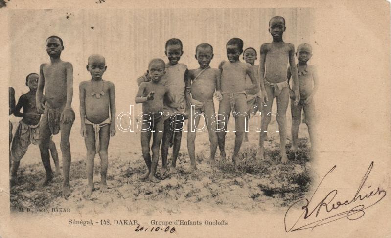 1908 Dakar, Groupe d'Enfants Ouloffs / Ouoloff children, Senegalese folklore, 1908 Szenegáli folklór, Ouolof gyerekek.