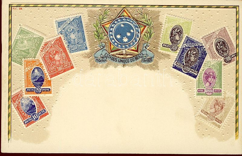 Stamps of Brazil, coat of arms, golden decoration, Emb. litho, Brazília bélyegjei, címere, aranyozott dekoráció, Emb. litho