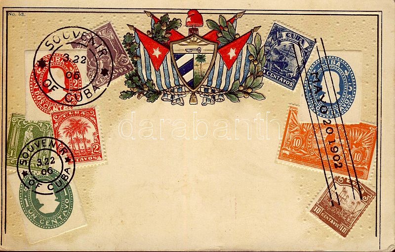 Stamps of Cuba, coat of arms, golden decoration, flags, Emb. litho, Kuba bélyegjei, címer, aranyozott dekoráció és zászló Emb. litho