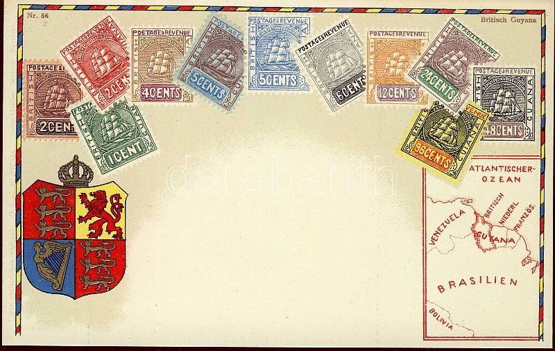 Stamps of British Guyana, coat of arms, golden decoration, litho, Brit-Guyana bélyegjei, címere, aranyozott dekoráció, litho