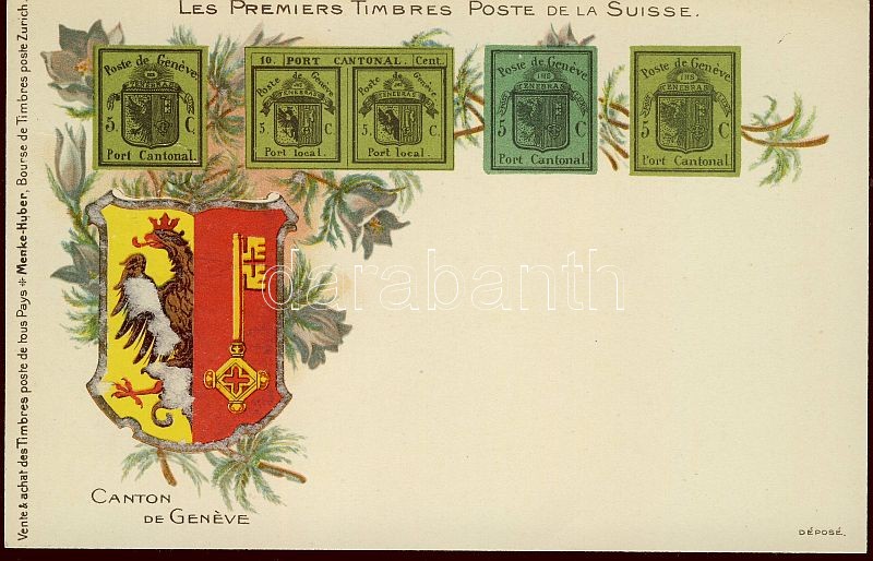 Stamps of Canton of Geneva, Switzerland, coat of arms, floral litho, Svájc, Genf Kanton bélyegjei, címere , floral litho