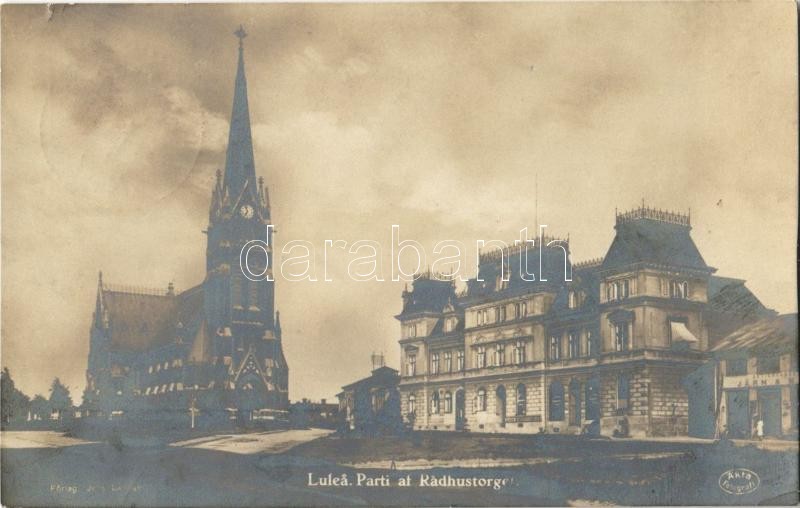 1921 Lulea, Parti af Radhustorget / square, town hall, church, photo