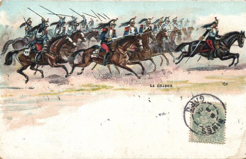 La Charge / March into battle, cavalry litho, Harcba lovaglás, lovaskatonák litho