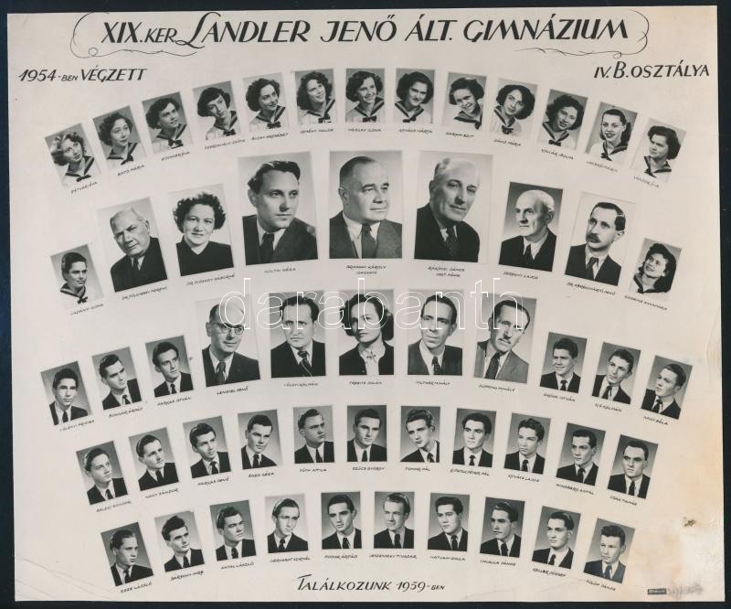 1954 Budapest, XIX. ker., a Landler Jenő Ált. Gimnázium tanárai és diákjai, kistabló nevesített portréképekkel, 17x20,5 cm